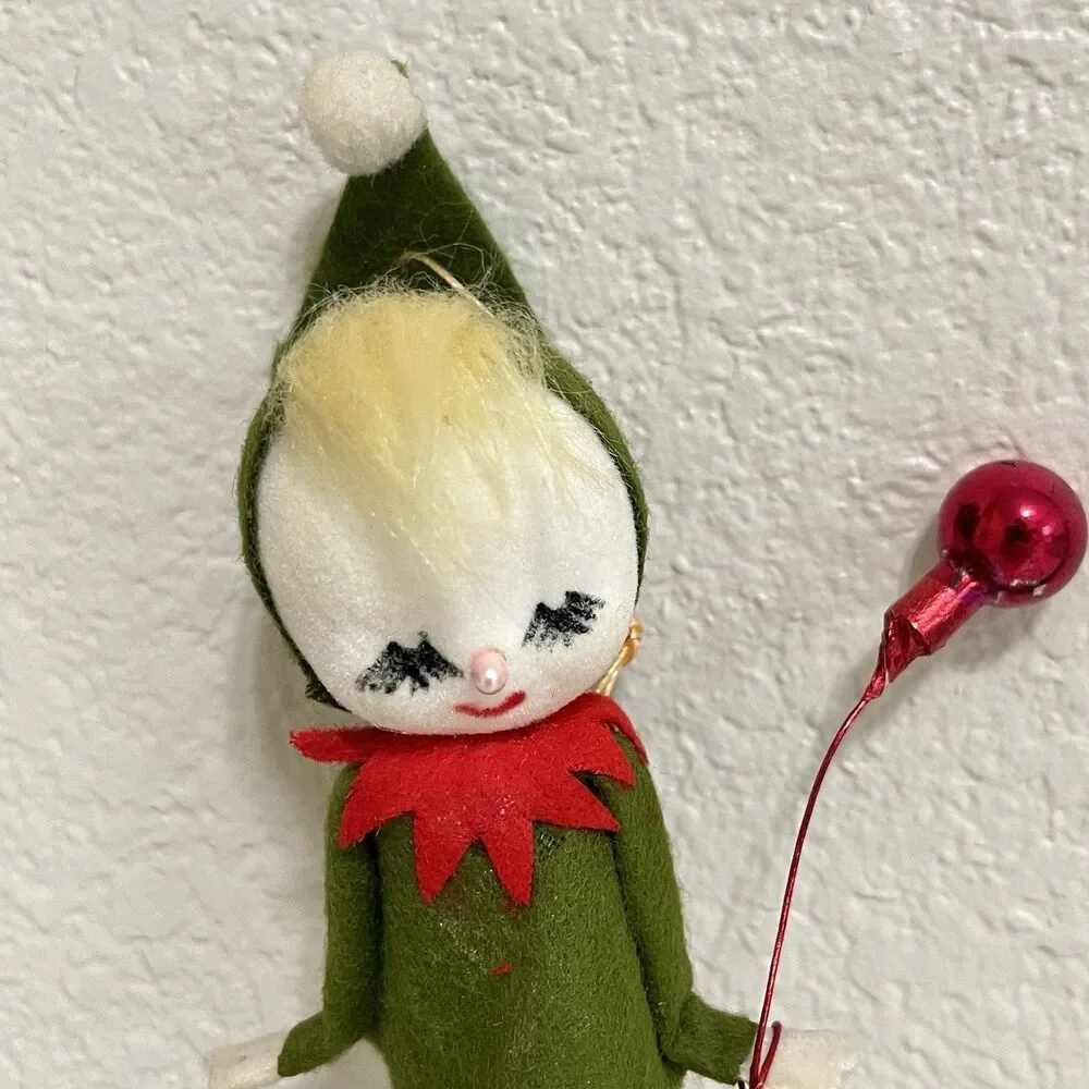 Vintage Flocked Felt Snow Baby Elf Christmas Ornaments Holding Balloons Lot of 2